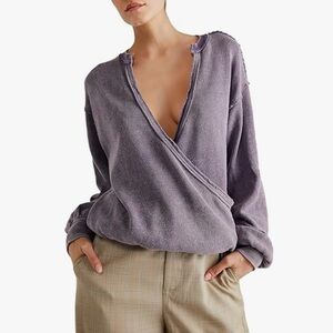 Free People Anyway Plunge Neck Long Sleeve Top